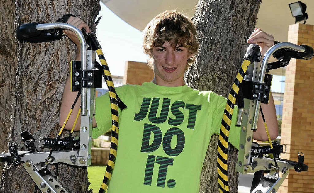 Adam Sinden armed with his jumping stilts will attempt to break a world record tomorrow. Adam Sinden armed with his jumping stilts will attempt to break a world record tomorrow.